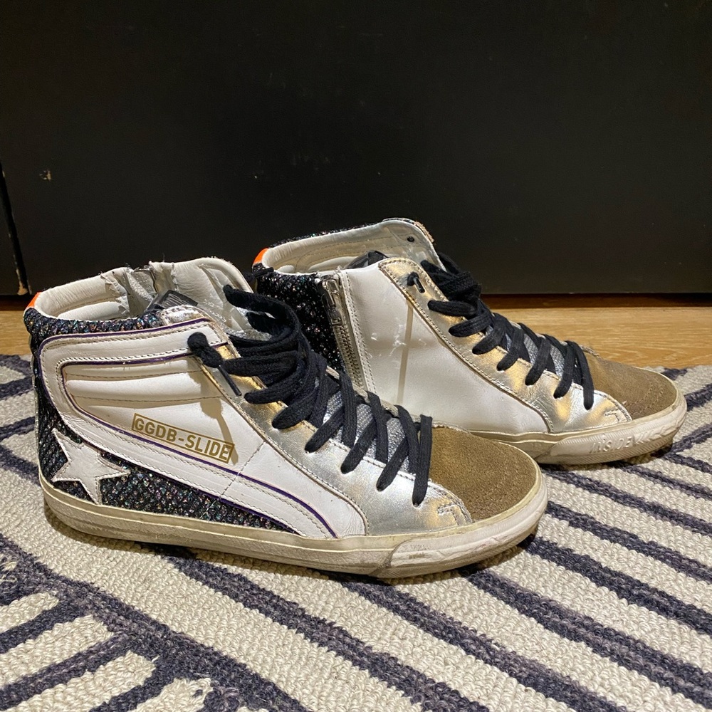 Golden Goose Slide Distressed Glitter Metallic Hi Top